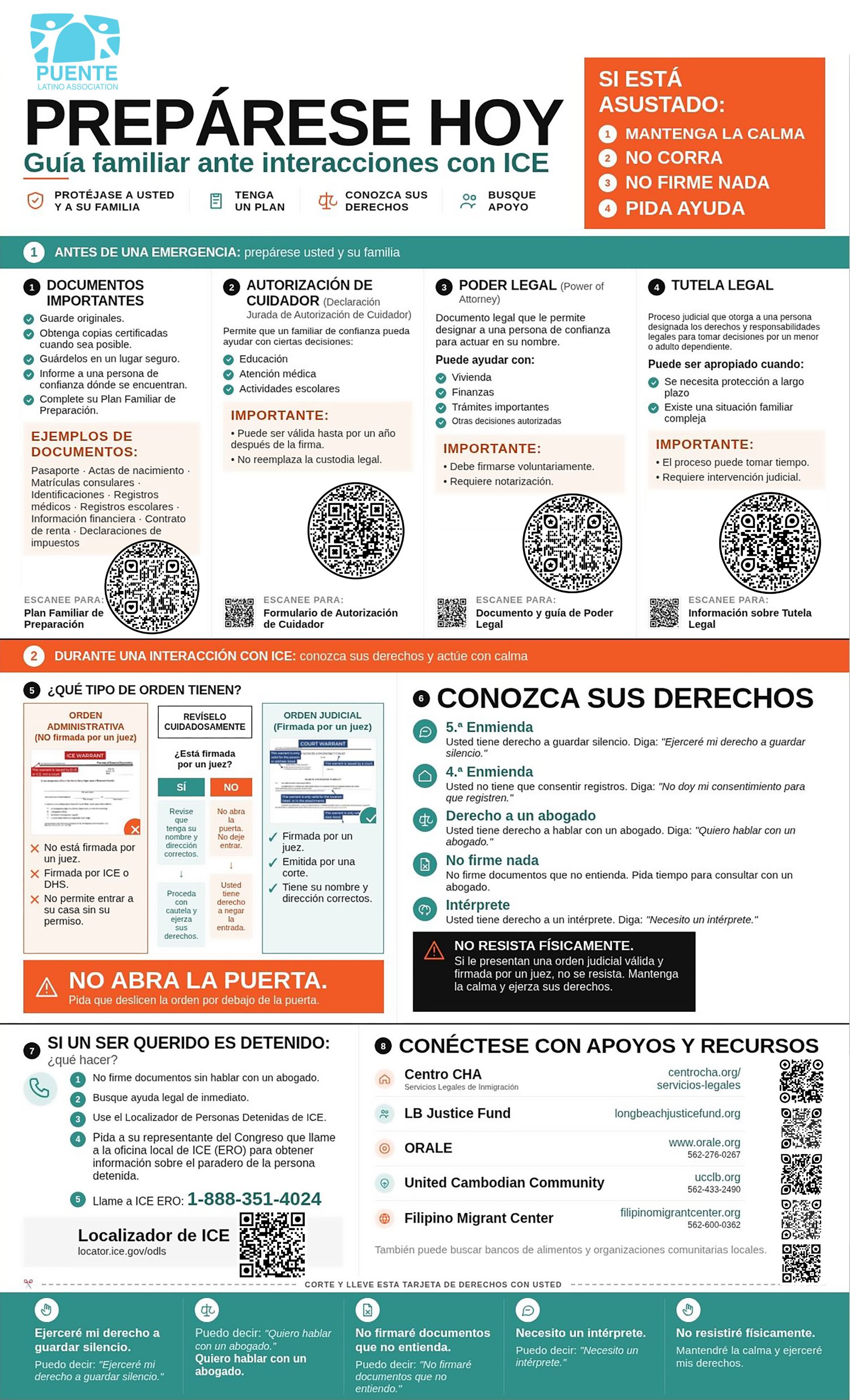 Póster Prepárese Hoy — guía familiar ante interacciones con ICE